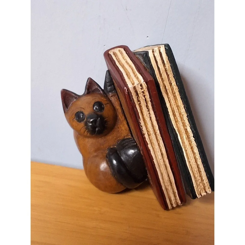 Vintage Handcrafted Wooden Cat Sleeping On Books Paper Weight. Made In Thailand